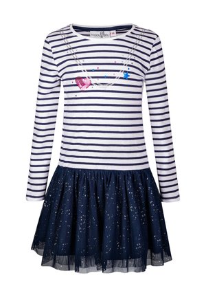 Dziewczęca sukienka z długim rękawem w granatowo-białe paski, z cekinowym sercem i gwiazdką oraz granatową tiulową spódnicą z srebrnymi brokatowymi akcentami.