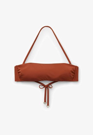 Bandeau-bikinitop i rustfarve med justerbar halterstrop og frontdetalje med bindebånd med metalringender.