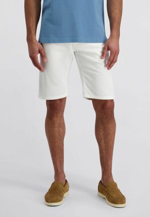 Mann trägt weiße knielange Shorts, ein blaues Hemd und braune Slipper, steht vor einem hellen Hintergrund.