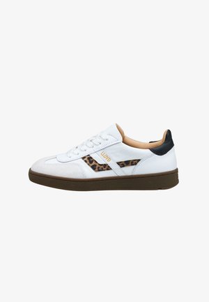 White leather sneaker with a leopard print accent, rounded toe, beige lining, and brown rubber sole. Features white laces and logo detail.