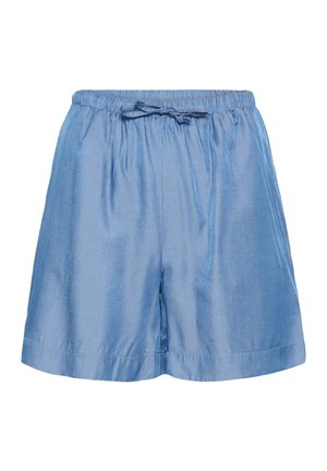 Light blue loose-fit shorts with elastic waistband and drawstring tie, made of soft, slightly shiny fabric.