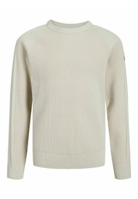 Beige långärmad stickad tröja med ribbad mudd, nederkant och rund hals, uppvisad liggande på en vit bakgrund.