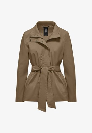 Chaqueta marrón claro para mujer con mangas largas, cuello alto, botones a presión delanteros, cremallera y cinturón de tela a juego atado a la cintura.