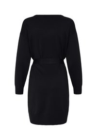Robe en maille noire à manches longues, col rond, poignets et ourlet côtelés, ceinture en tissu assortie à la taille, vue de dos.
