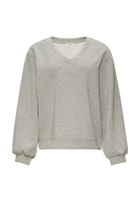 Grijze V-hals sweatshirt met lange pofmouwen, geribbelde manchetten en zoom. Zacht materiaal met een gladde textuur, met een minimalistisch ontwerp.