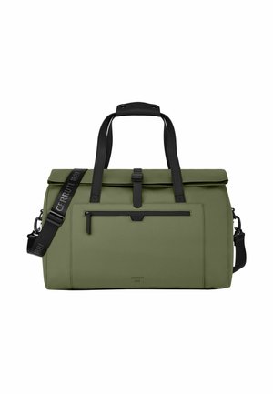 Grüne Reisetasche mit schwarzen Griffen, vorderer Reißverschlusstasche und verstellbarem Schultergurt, mit dem Schriftzug "CERRUTI 1881" auf weißem Hintergrund.