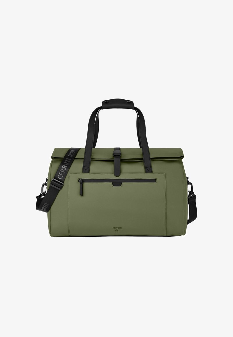 Sac de voyage vert avec poignées noires, poche zippée avant et sangle d'épaule réglable, marqué "CERRUTI 1881" sur fond blanc.
