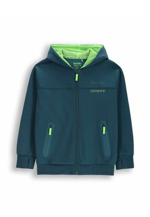 Ciemnoturkusowa bluza z kapturem na zamek błyskawiczny, z neonowo zielonym podszyciem kaptura, neonowo zielonymi suwakami, dwoma przednimi kieszeniami na zamek oraz małym logo "lemon" na piersi.