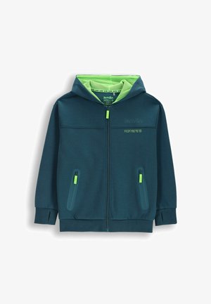 Ciemnoturkusowa bluza z kapturem na zamek błyskawiczny, z neonowo zielonym podszyciem kaptura, neonowo zielonymi suwakami, dwoma przednimi kieszeniami na zamek oraz małym logo "lemon" na piersi.