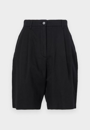 Pantaloni scurți negri, croiți dintr-un material ușor, având un față pliată, închidere cu buton și buzunare laterale.