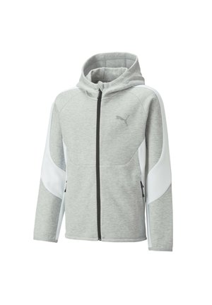 Lys grå zip-up hoodie med hvide panel detaljer på ærmerne og Puma-logo på brystet, har en høj krave og fastsiddende hætte.