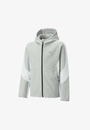 Felpa zip-up grigio chiaro con dettagli a pannello bianco sulle maniche e logo Puma sul petto, dotata di colletto alto e cappuccio attaccato.