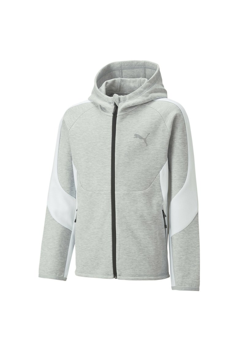Lys grå zip-up hoodie med hvide panel detaljer på ærmerne og Puma-logo på brystet, har en høj krave og fastsiddende hætte.