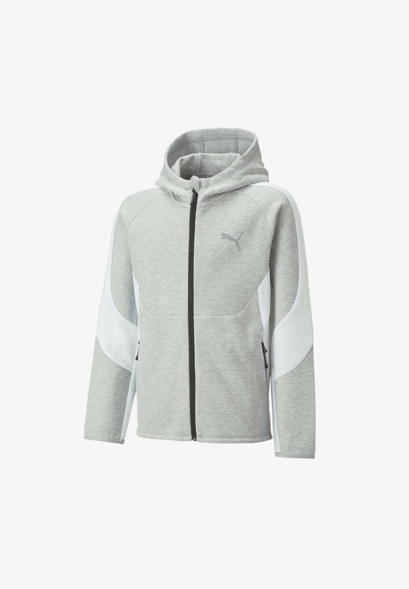 Lys grå zip-up hoodie med hvide panel detaljer på ærmerne og Puma-logo på brystet, har en høj krave og fastsiddende hætte.