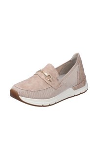 Light brown slip-on shoe with suede and mesh material, featuring a decorative gold-tone hardware accent and a white rubber sole.