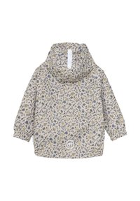 Lätt, mönstrad jacka i beige med blommönster i blått och gult. Har huva och elastiska ärmslut. Logotyp vid nederkanten.