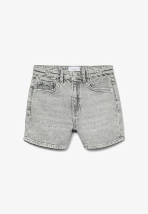 Shorts in denim grigio con una texture sbiadita, dotati di tasche frontali, chiusura con bottone e passanti per la cintura. Orlo dritto alle gambe.