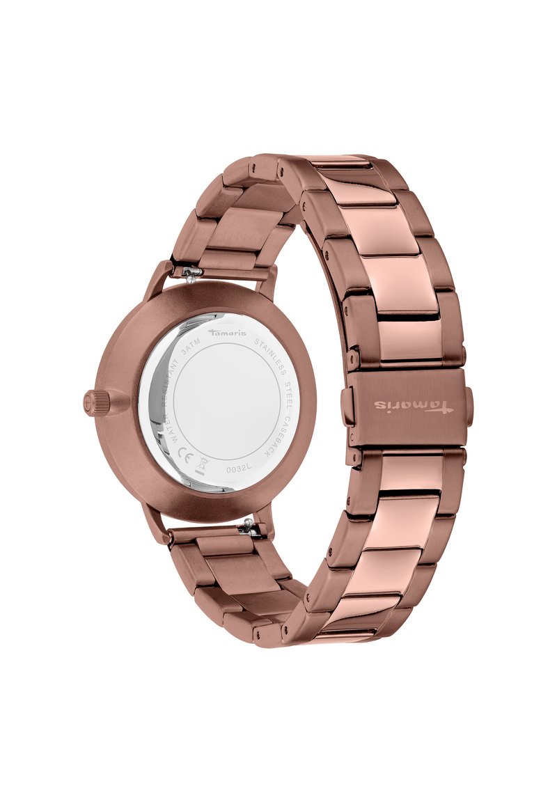 Roségold Edelstahlarmbanduhr mit runder Gehäuse, verbundenem Armband und transparentem Glasboden. Verfügt über eine schlichte Krone und minimalistische Gravuren.