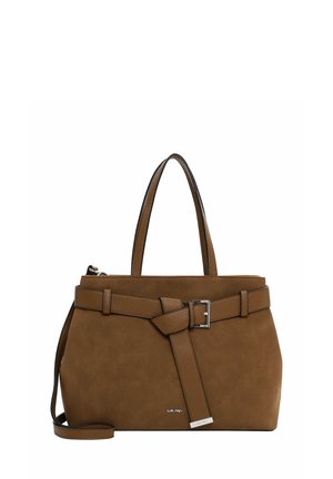 Braune Wildlederhandtasche mit strukturiertem Design, zwei Griffen, einem abnehmbaren Schulterriemen und einem Gürteldetail mit einer silbernen Schnalle.
