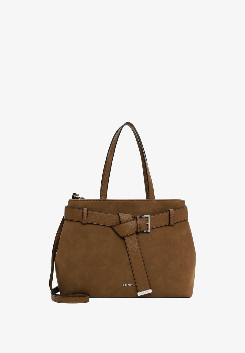 Bruine suède handtas met een gestructureerd ontwerp, voorzien van twee handvatten, een afneembare schouderband en een riemaccent met een zilveren gesp.