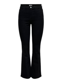 Jean noir taille haute avec fermeture bouton et zip, poches avant et jambes évasées.