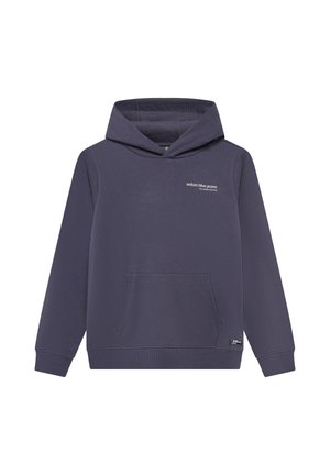 Mørkegrå hættetrøje med kængurulomme foran og lille hvid tekst ""indian blue jeans"" på brystet samt et label nær kanten.