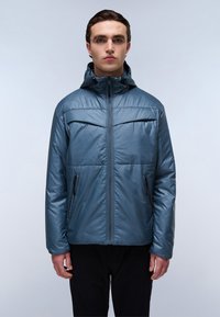 Padded blue jacket with a zip front, hood, and two side pockets. Features a smooth, shiny texture and contrasting seams on the chest.