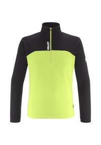 Black and neon green zip-up pullover with a high collar, featuring a textured fabric and a prominent logo on the chest.