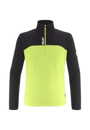 Pullover zippé noir et vert néon avec un col haut, doté d'un tissu texturé et d'un logo bien visible sur la poitrine.