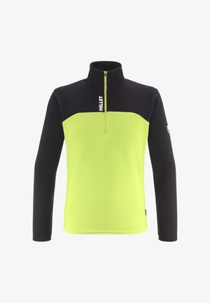 Black and neon green zip-up pullover with a high collar, featuring a textured fabric and a prominent logo on the chest.