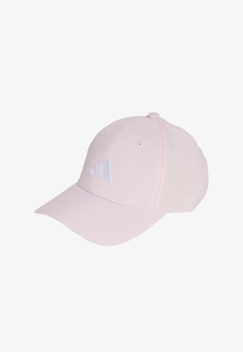 Pink cap with a curved visor, made from fabric. Features white striped logo on the front and ventilation holes on the top.