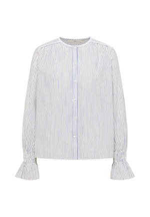 White button-up blouse with thin vertical blue stripes, gathered shoulders, and ruffled cuffs on long sleeves.