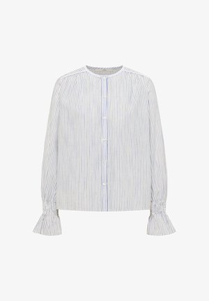 White button-up blouse with thin vertical blue stripes, gathered shoulders, and ruffled cuffs on long sleeves.
