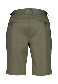 Oliivinvihreät polvenpituudet shortsit, joissa on vyölenkit ja kaksi takataskua, kummassakin nappikiinnitys.