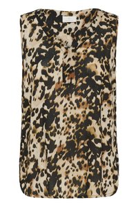Blouse sans manches en tissu léger avec un motif léopard noir, marron et beige, présentant un col en V subtil et des fentes sur les côtés.