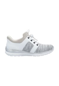 White sneaker featuring a grey knitted upper, smooth white leather accents, lace-up design, low-profile sole, and subtle metallic detailing.