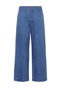 Blugi din denim albastru, cu croială largă, închidere cu nasturi și fermoar, bucle pentru curea și design simplu.