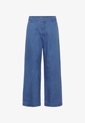 Modré široké rifle z denimu s gombíkom a zipsom na zapínanie, pútkami na opasok a jednoduchým dizajnom.