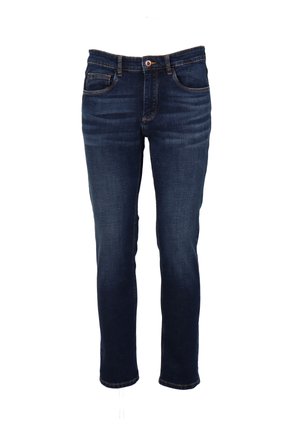 Donkerblauwe denim jeans met een slim fit, vijf zakken, contrasterende stiksels en een knoopsluiting bij de taille.