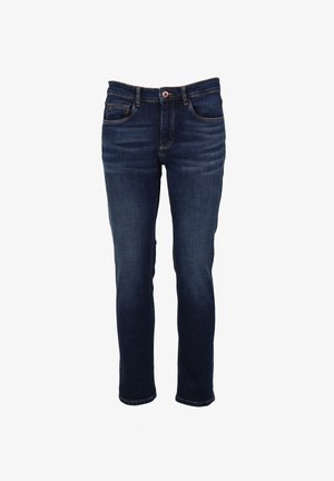 Ciemnoniebieskie dżinsy o slim fit, z pięcioma kieszeniami, kontrastowym szwem i zapięciem na guzik w talii.