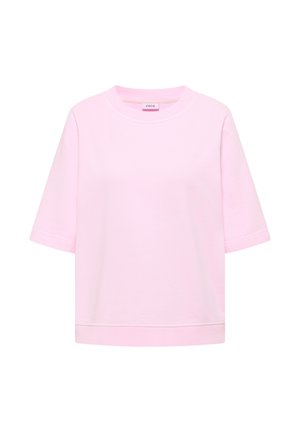 T-shirt rose clair à manches courtes avec col rond, ourlets et manches côtelés, étiqueté "CECIL" à l'intérieur du col arrière.