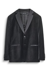 Blazer de terciopelo negro con solapas de satén, dos bolsillos frontales, cierre de un solo botón y forro texturizado. Detalles de botones en las mangas.