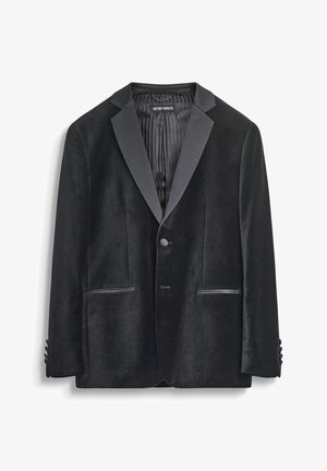 Blazer de terciopelo negro con solapas de satén, dos bolsillos frontales, cierre de un solo botón y forro texturizado. Detalles de botones en las mangas.