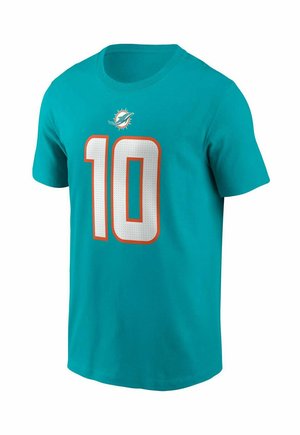 Camiseta deportiva de manga corta en color azul verdoso con número 10 en blanco y naranja y un pequeño logo de delfín encima del número.