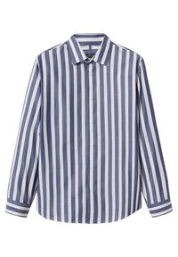 Camicia con bottoni in cotone a righe verticali blu navy e bianche. Presenta un colletto classico e maniche lunghe con polsini a righe.