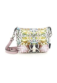 Borsa a tracolla multicolore con motivo floreale, texture liscia, chiusura a zip e tracolla regolabile rosa. Presenta dettagli decorativi in metallo.