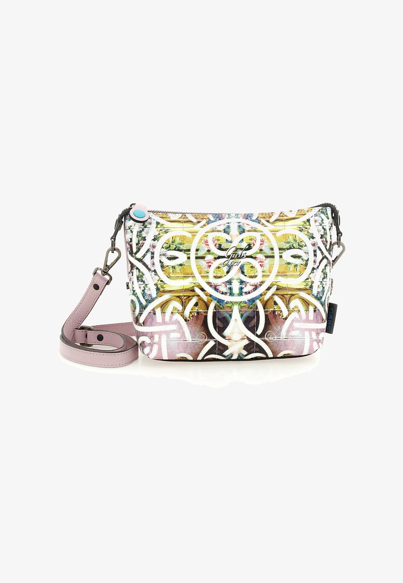 Borsa a tracolla multicolore con motivo floreale, texture liscia, chiusura a zip e tracolla regolabile rosa. Presenta dettagli decorativi in metallo.