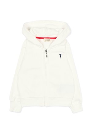 Felpa con cappuccio bianca con zip, maniche lunghe, piccolo logo scuro sul petto sinistro e etichetta interna rossa sul colletto con la scritta "TRUSSARDI."