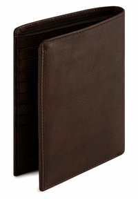 Brown leather wallet with a textured finish, featuring multiple card slots and a sleek, curved design. Stitched edges for durability.