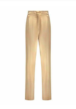 Pantaloni in satin beige con vita alta, design a gamba dritta e cuciture frontali. Texture liscia con una leggera lucentezza e senza tasche.